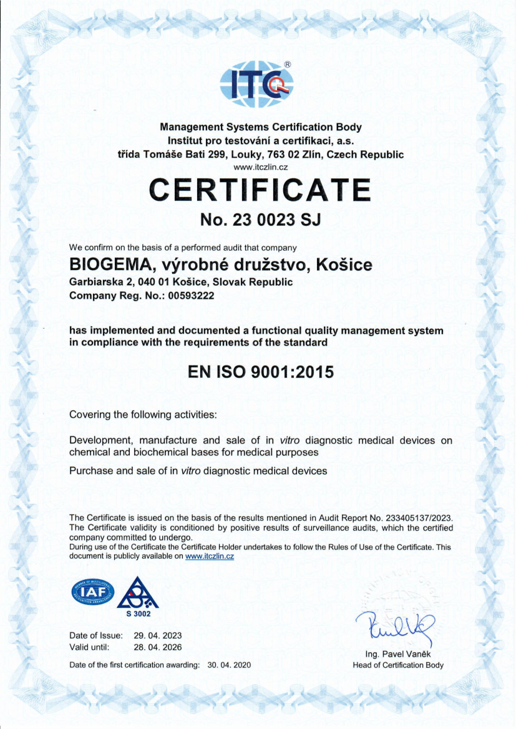 Certifikát ISO 9001 