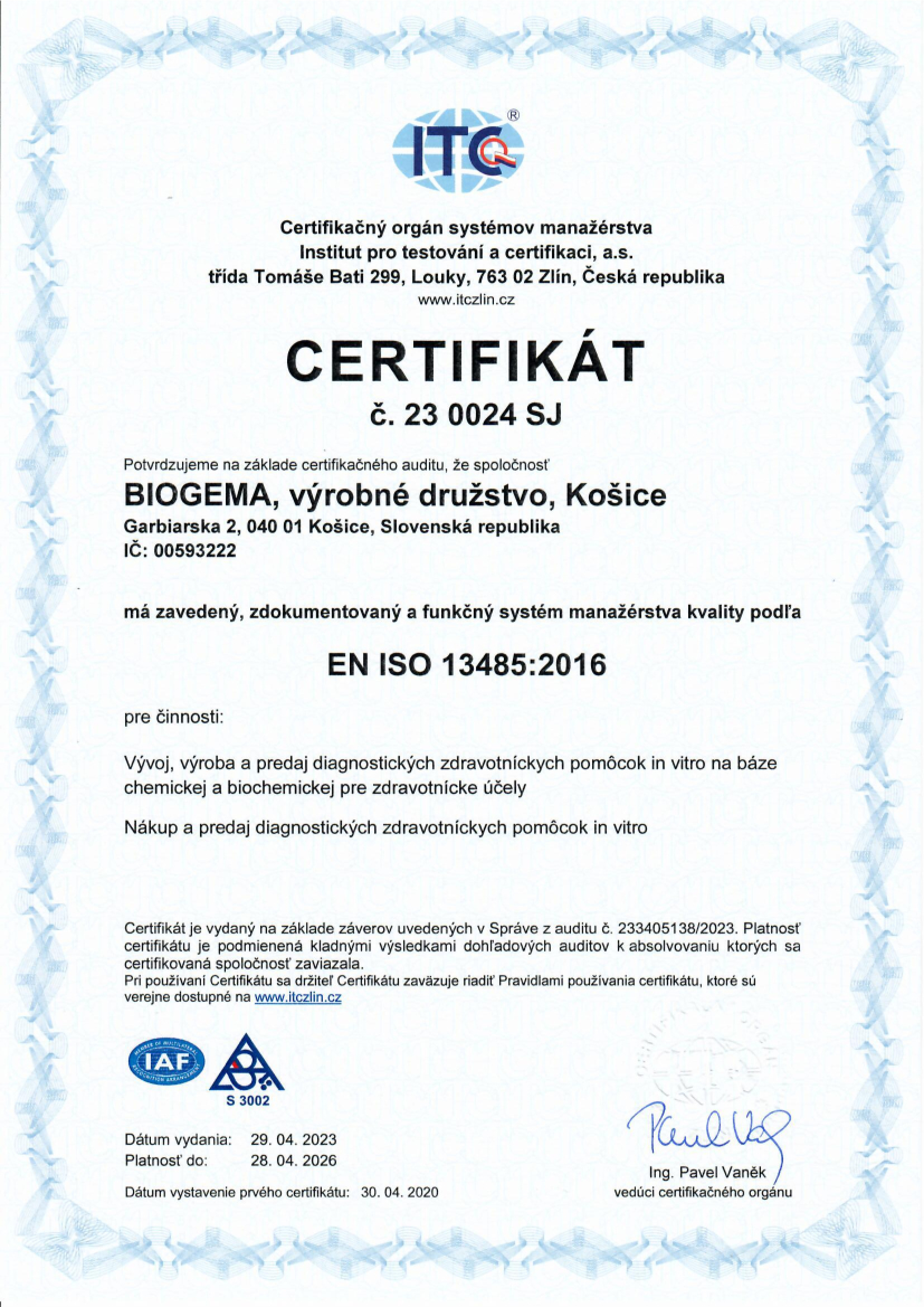 Certifikát ISO 13485
