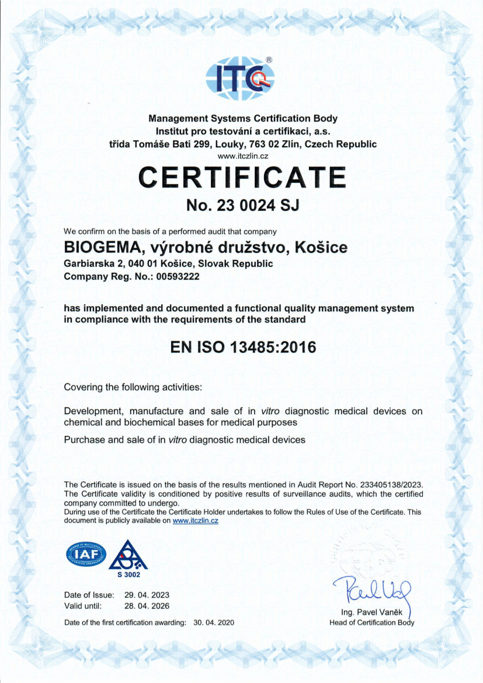 Certifikát ISO 13485